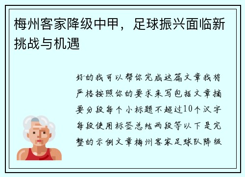 梅州客家降级中甲,足球振兴面临新挑战与机遇 梅州客家降级中甲,足球振兴面临新挑战与机遇