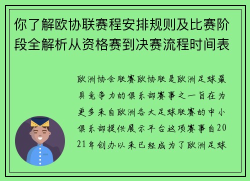 你了解欧协联赛程安排规则及比赛阶段全解析从资格赛到决赛流程时间表详解