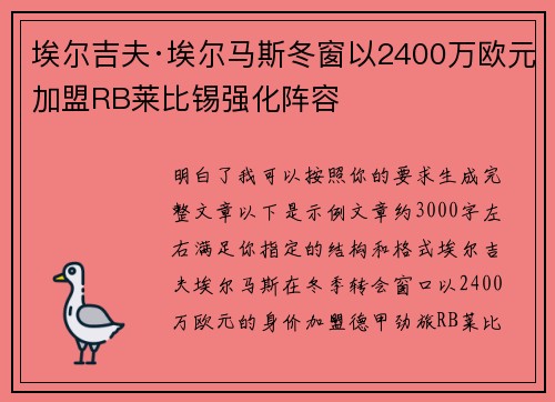 埃尔吉夫·埃尔马斯冬窗以2400万欧元加盟RB莱比锡强化阵容