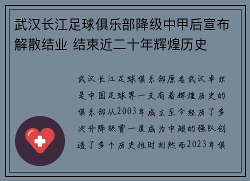 武汉长江足球俱乐部降级中甲后宣布解散结业 结束近二十年辉煌历史